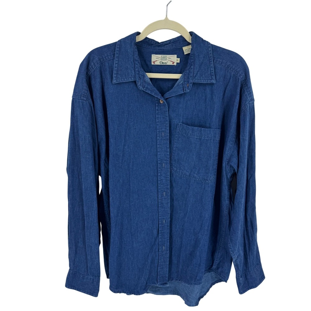 Orvis Button Down Deim Shirt Blue Dark Wash XL Cotton Western Heritage Utility